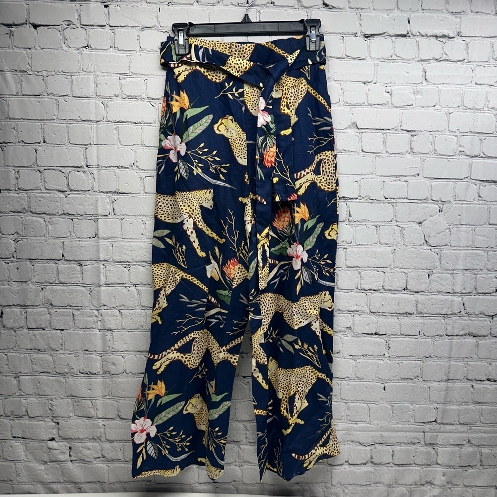 Las sureñas Floral Leopard Print Wide-Leg Pants size S stretch waist
